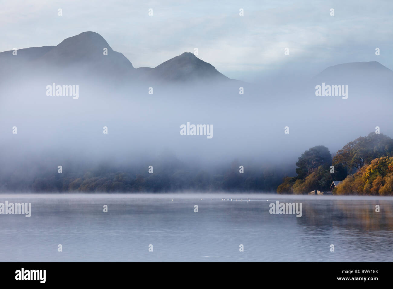 Cat Bells et Derwent Water de Keswick sur un matin d'automne brumeux, Parc National de Lake District, Cumbria, Angleterre Banque D'Images Cat Bells et Derwent Water de Keswick sur un matin d'automne brumeux, Parc National de Lake District, Cumbria, Angleterre Banque D'Images