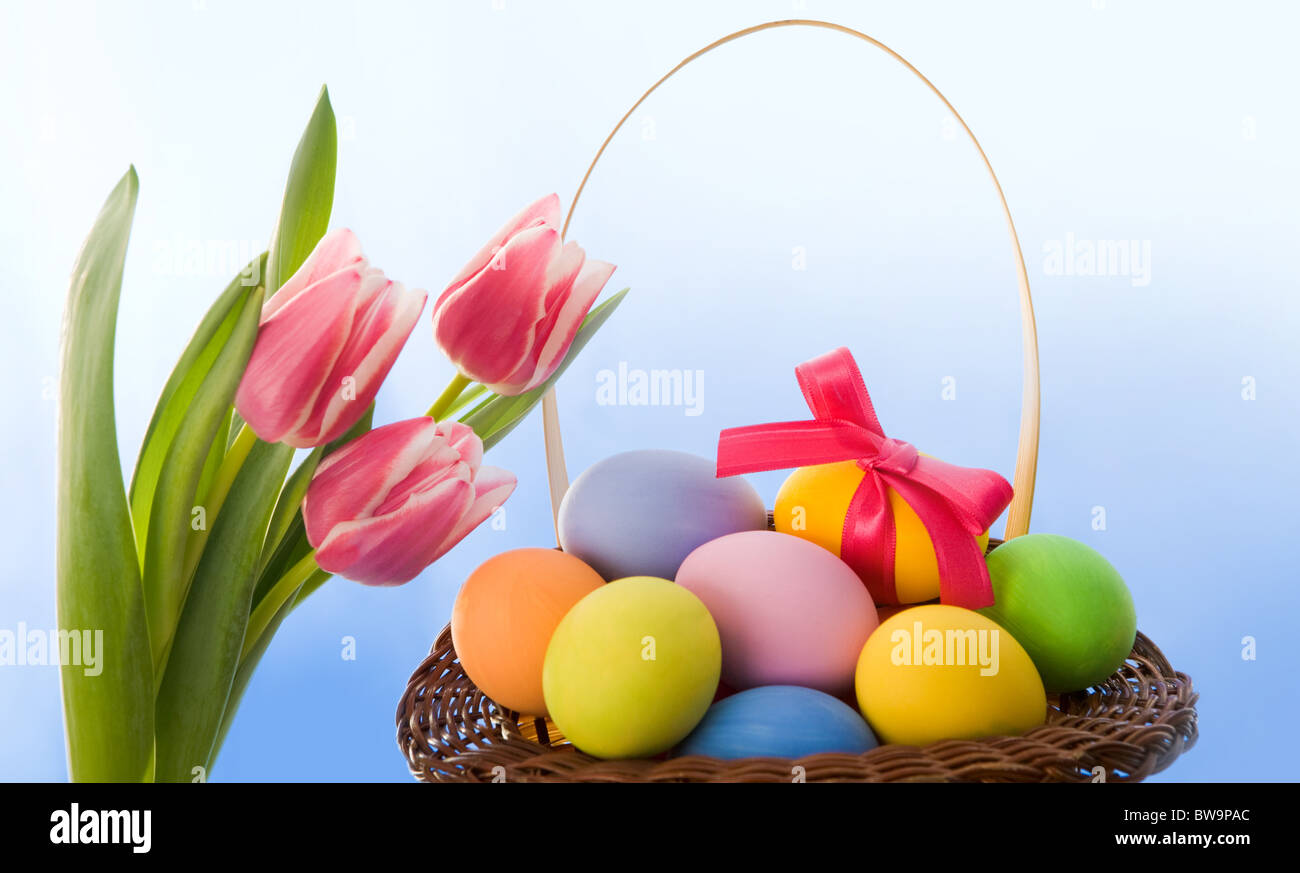 Composition du bouquet de tulipes avec panier d'œufs de Pâques à proximité sur fond bleu Banque D'Images