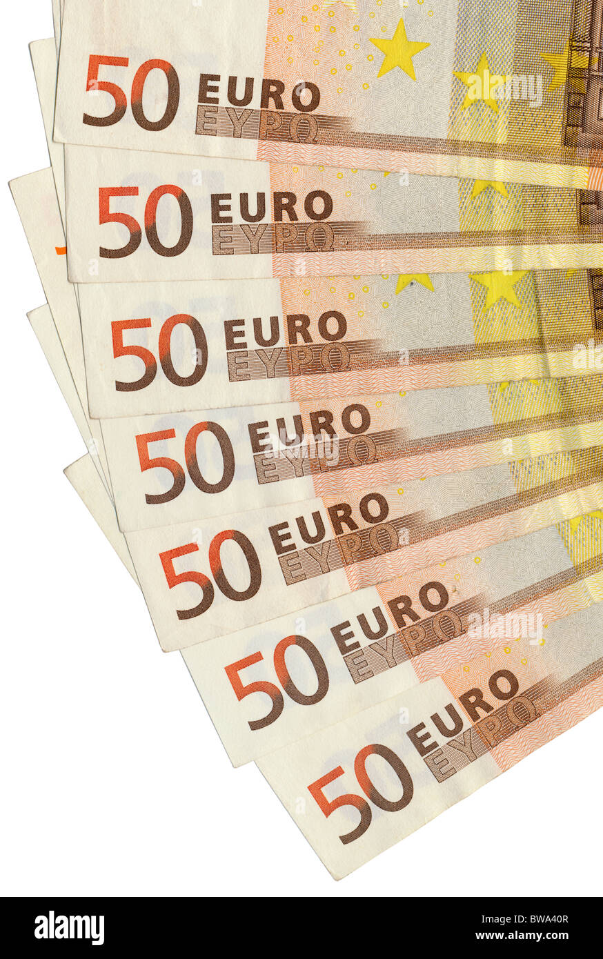 Lots de 50 euro note se déploient en close up. Banque D'Images