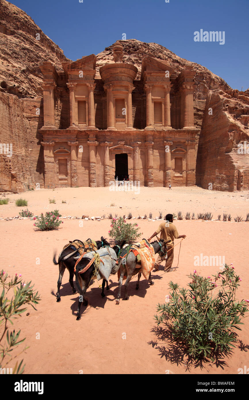 Homme avec des ânes à El Deir (ou monastère), Petra, Jordanie Banque D'Images