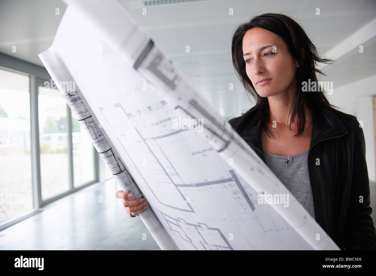 Architect looking at blue prints Banque D'Images