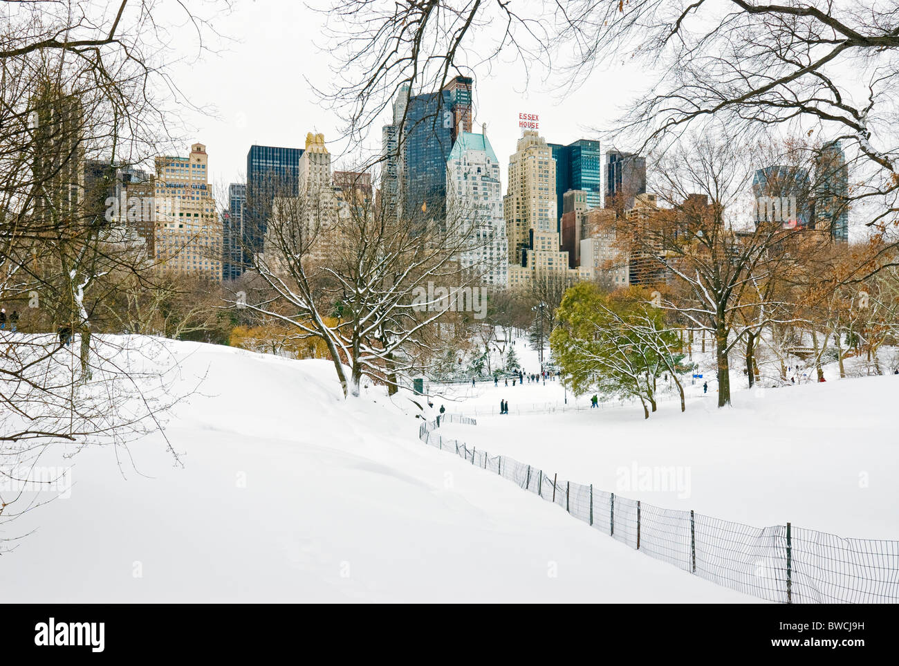 Hiver Neige dans Central Park, New York City Skyline Avec Central Park South. Banque D'Images