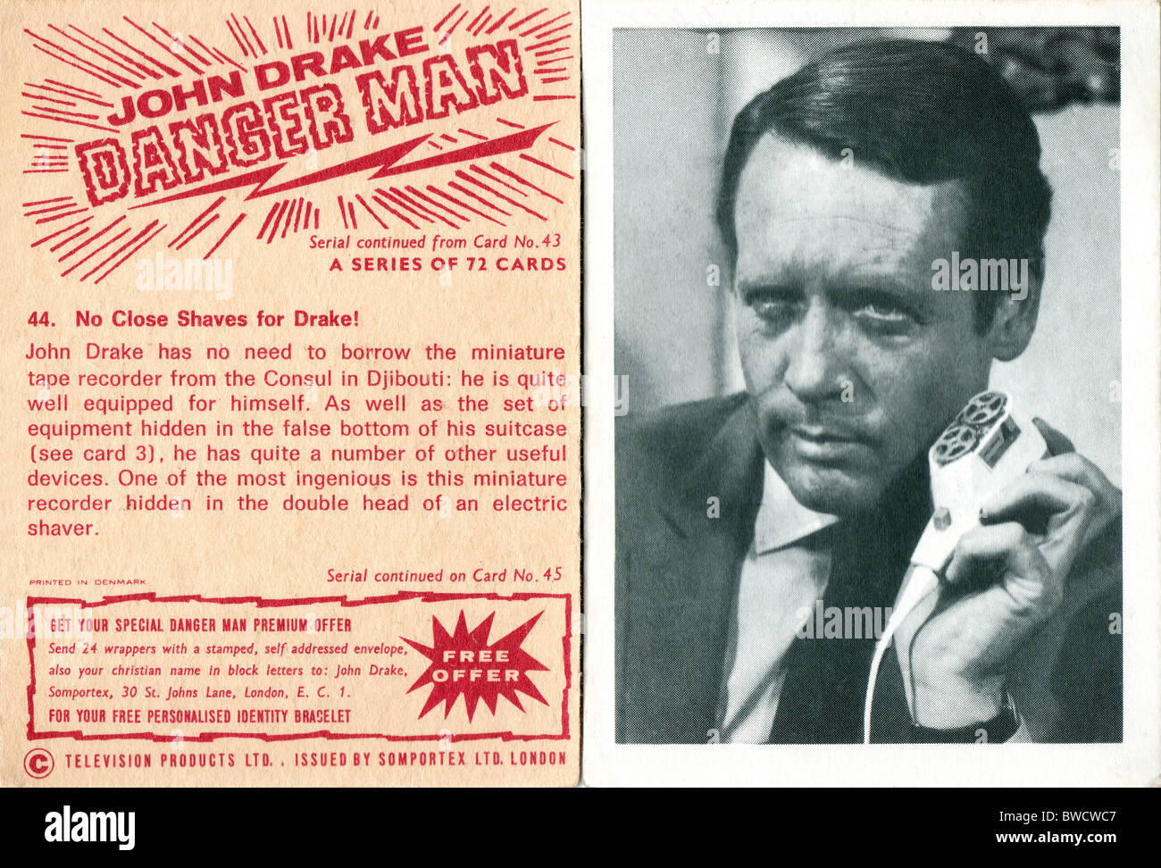Danger Man bubble gum cartes émises par Somportex en 1965 avec Patrick McGoohan que John Drake Banque D'Images