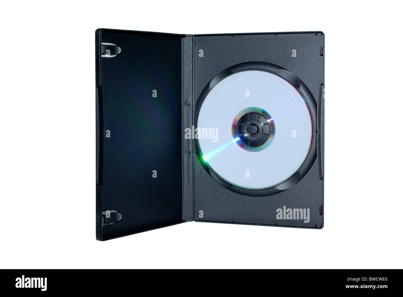 Boîte noire avec des disques DVD disque à l'intérieur isolé sur fond blanc. Banque D'Images