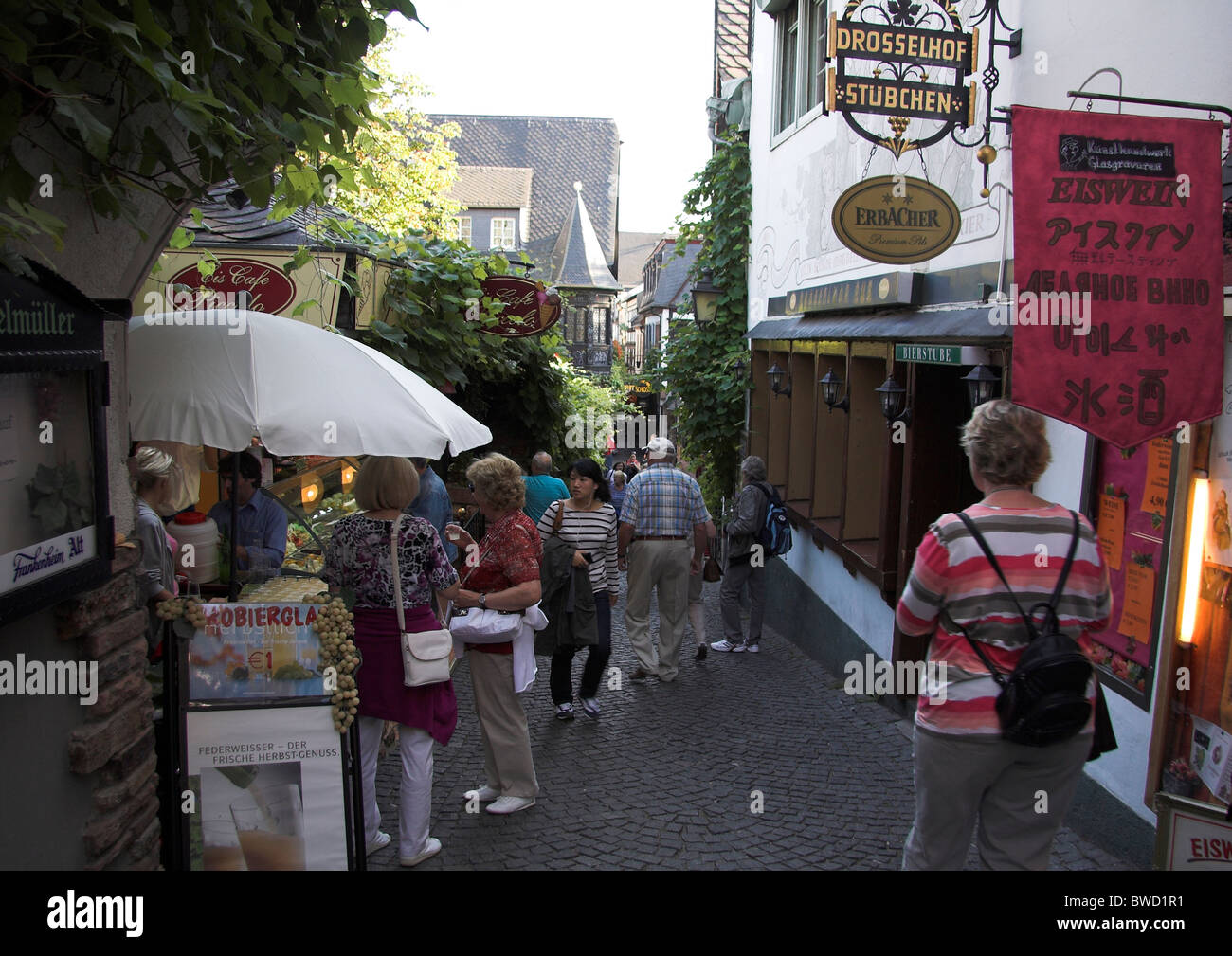 Rue animée pleine de touristes, la plus ancienne taverne à vin, Drosselhof dans la Drosselgasse, Rudesheim, Allemagne Banque D'Images