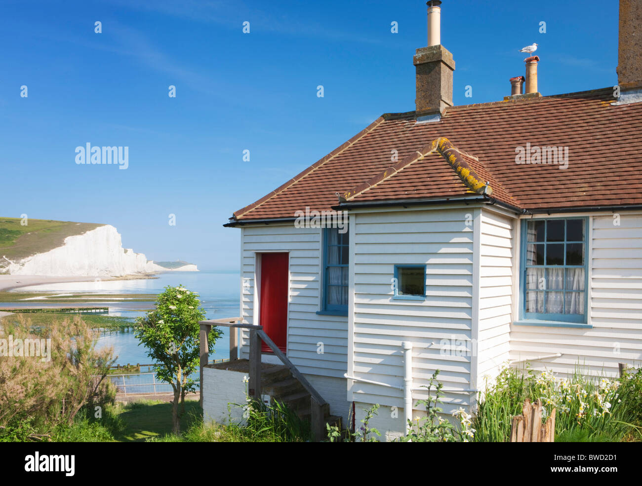 Cottages de la Garde côtière canadienne sept Sœurs ; East Sussex, Angleterre, Grande-Bretagne Banque D'Images