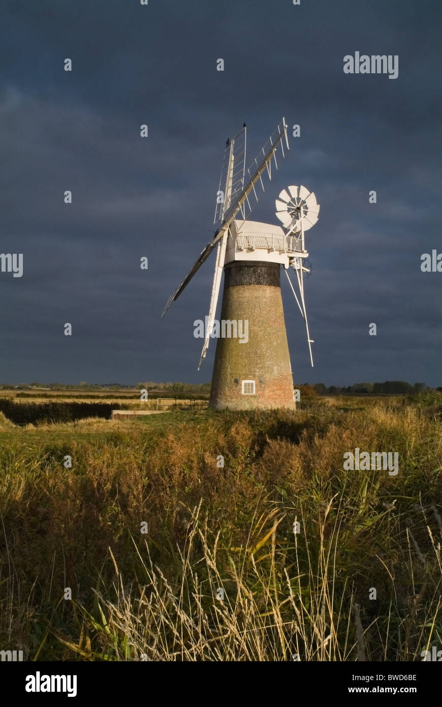Un moulin à vent dans les Norfolk Broads prises une aube Banque D'Images