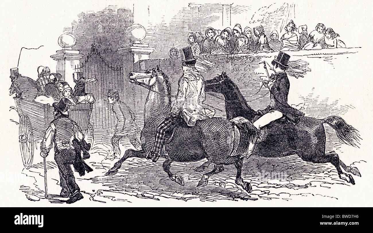 La gravure de l'époque victorienne de racegoers voyageant à cheval et en chariot à cheval le Derby à 1849 courses d'Epsom Banque D'Images