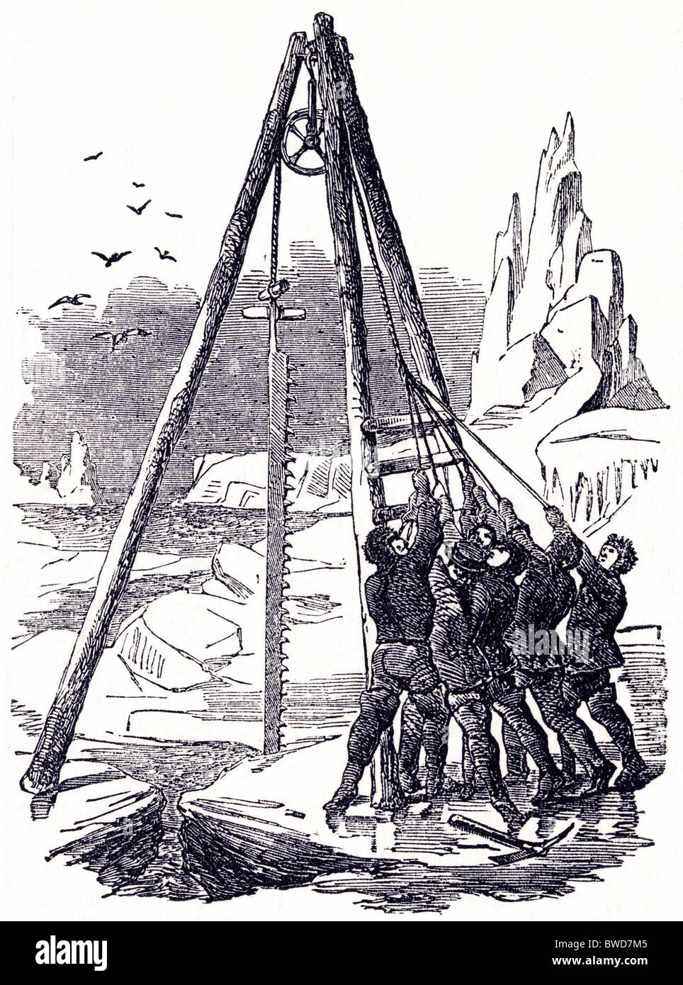 La gravure de l'époque victorienne de marins sur la 'North Star' à l'aide vu la glace à la recherche de l'expédition arctique perdu de Sir John Franklin, daté de mai 1849 Banque D'Images