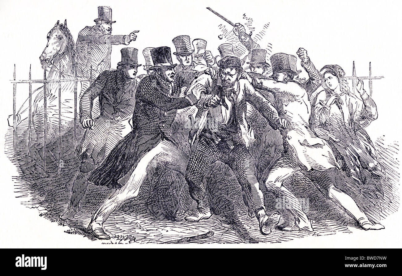 La gravure de l'époque victorienne de William Hamilton d'être arrêtés pour des prises de vue à la reine Victoria à Constitution Hill, London, England, UK date 19 mai 1849 Banque D'Images
