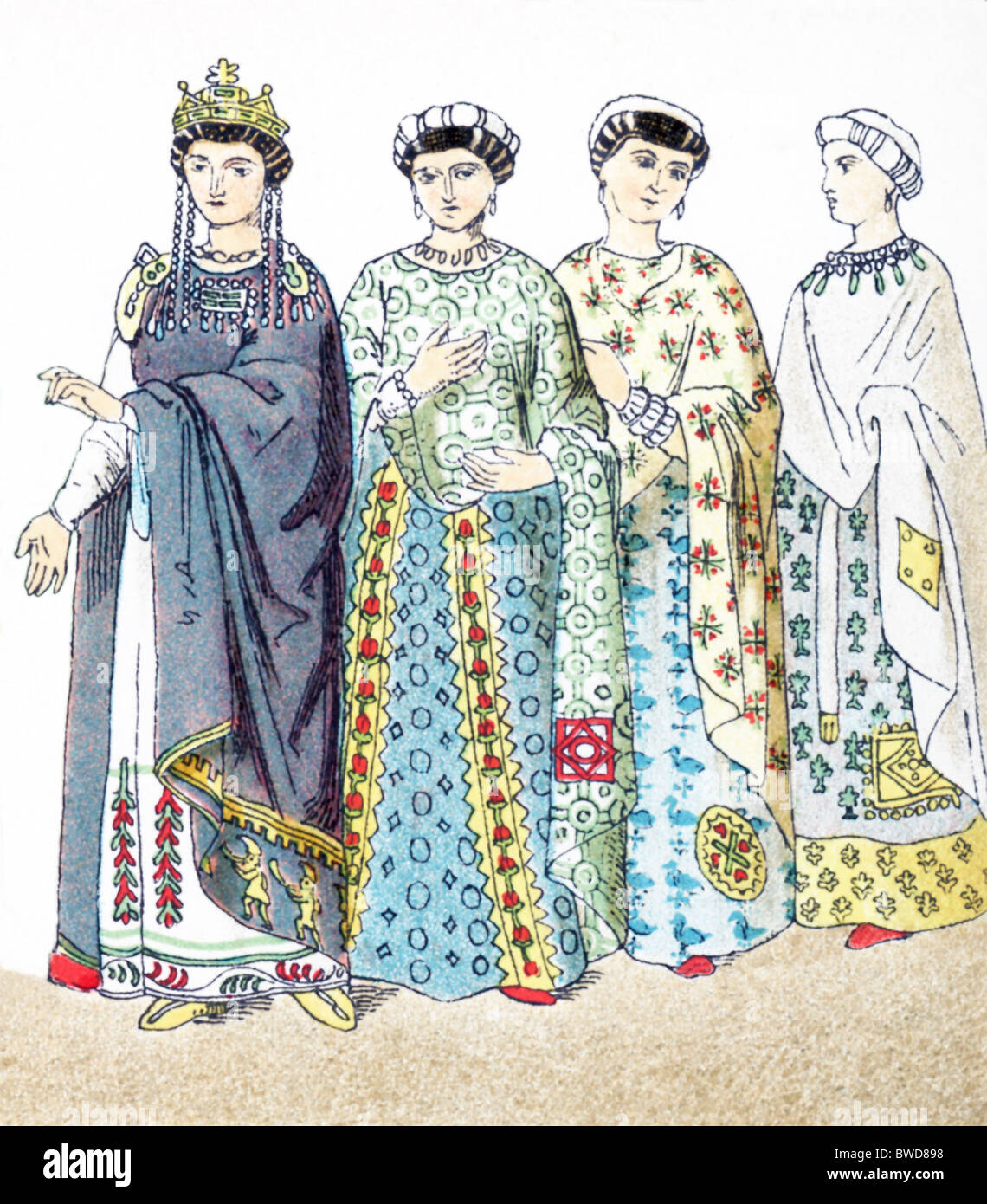 Les chiffres représentent les byzantins entre 300 et 700 après J.-C. : l'impératrice Théodora et trois femmes de la noblesse. Banque D'Images