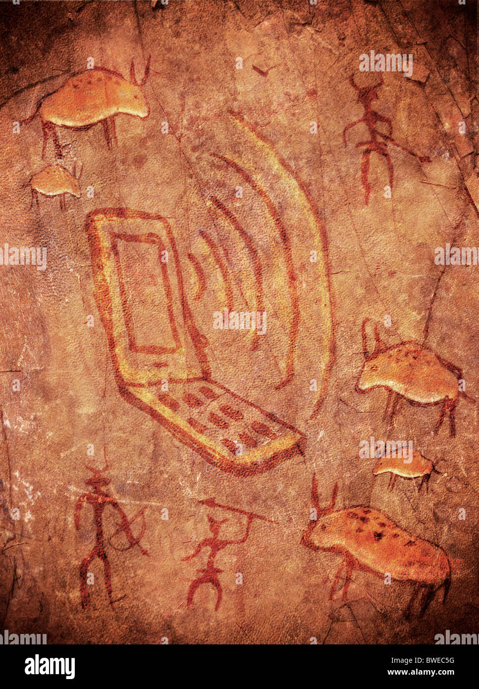 Grotte préhistorique peindre avec des chasseurs d'animaux et téléphone mobile Banque D'Images
