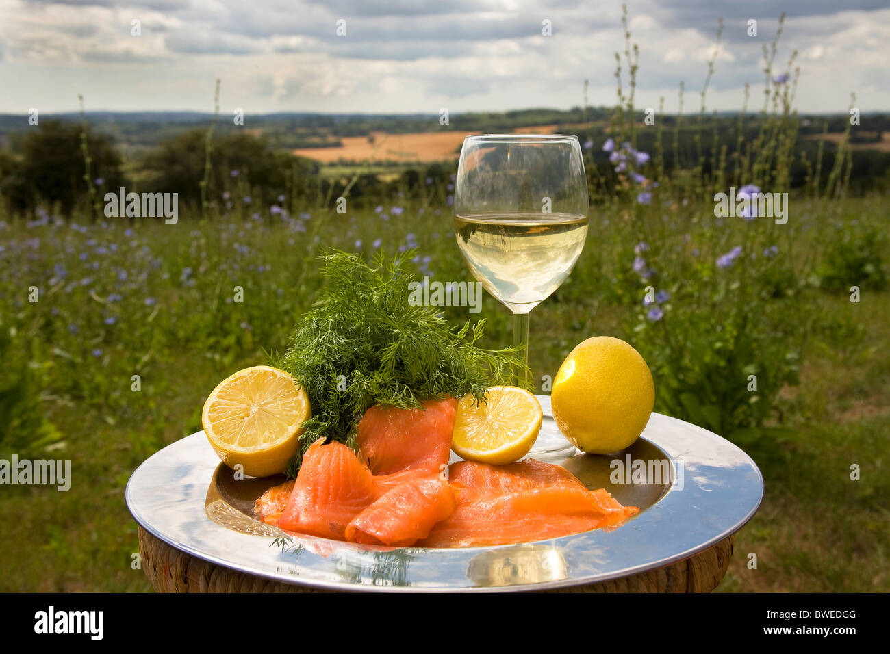 Délicieux saumon fumé, aneth et citron avec le vin blanc sur le plateau d'argent dans la campagne d'été en paysage Kent UK Banque D'Images