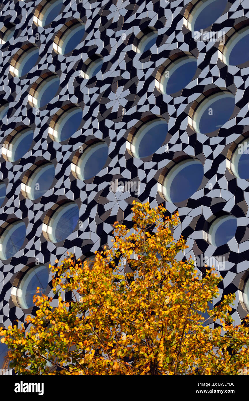 Les feuilles d'automne sur l'arbre avec des fenêtres rondes et bardage sur l'enseignement collégial de Ravensbourne moderne bâtiment Nord péninsule de Greenwich London England UK Banque D'Images