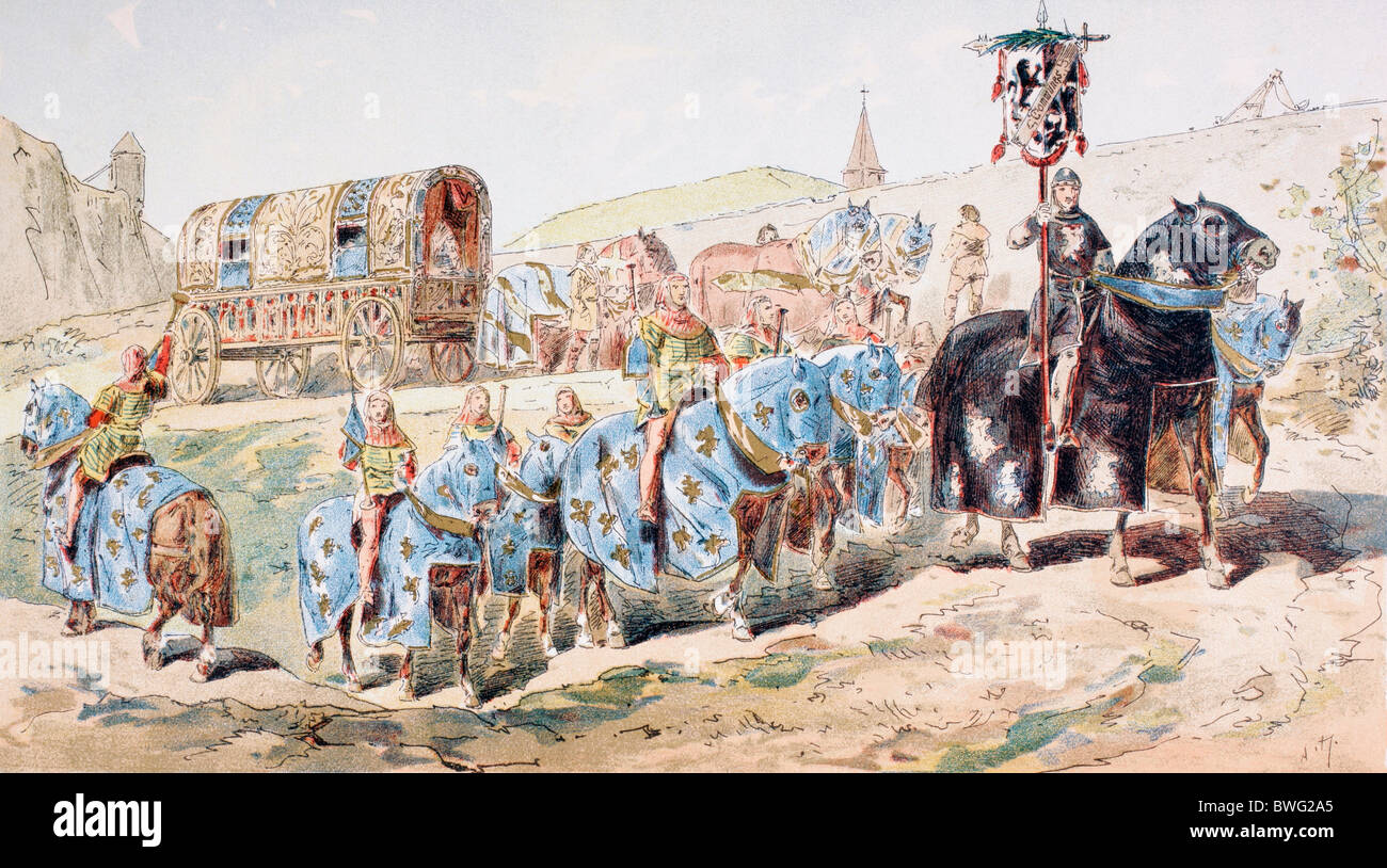 De la noblesse dans l'entraîneur cheval escorté par les joueurs de trompette au 13ème siècle. Banque D'Images