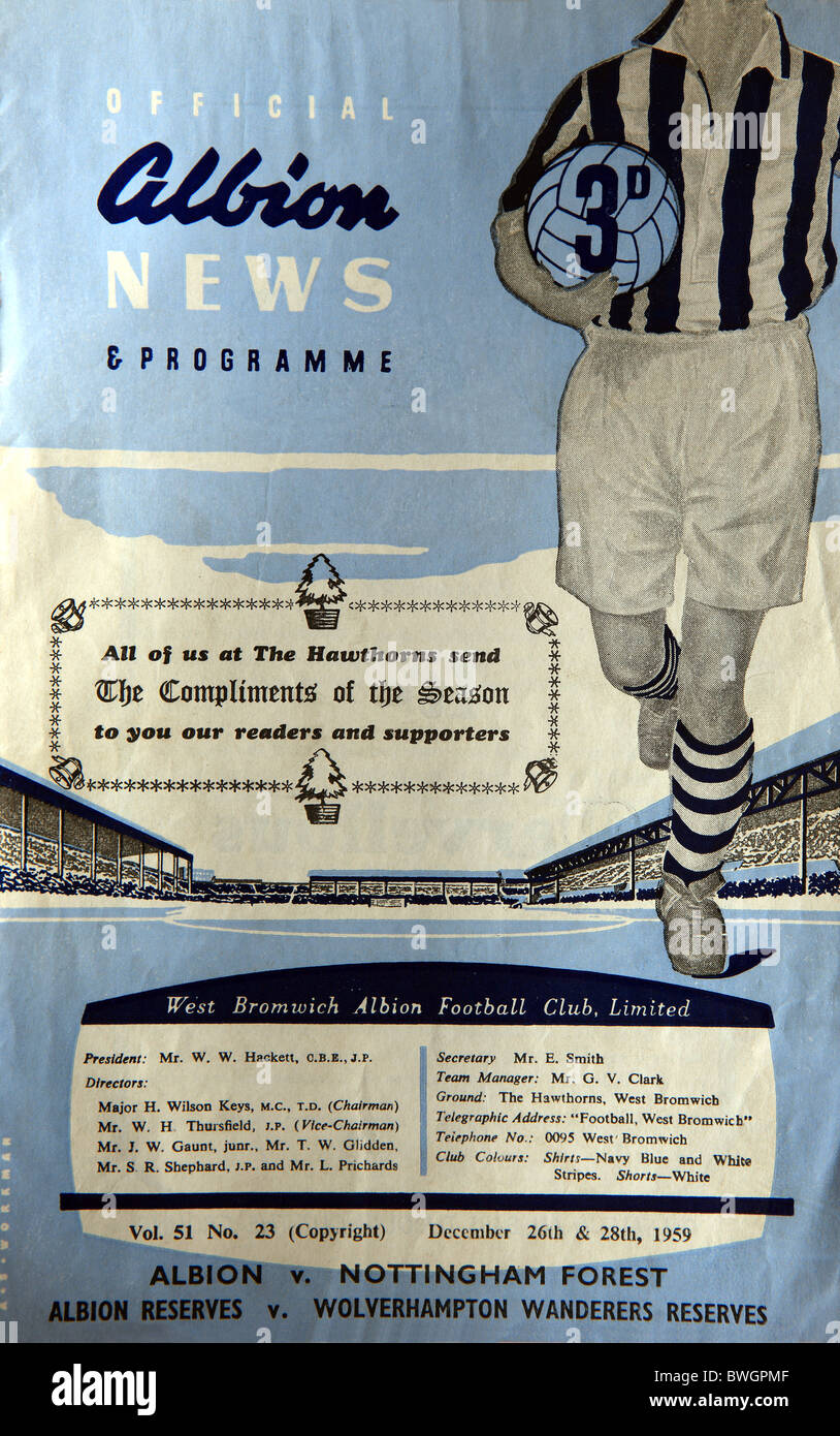 West Bromwich Albion Football Club Ltd v Nottingham Forest Programme de football officiel le 26 décembre 1959 Banque D'Images