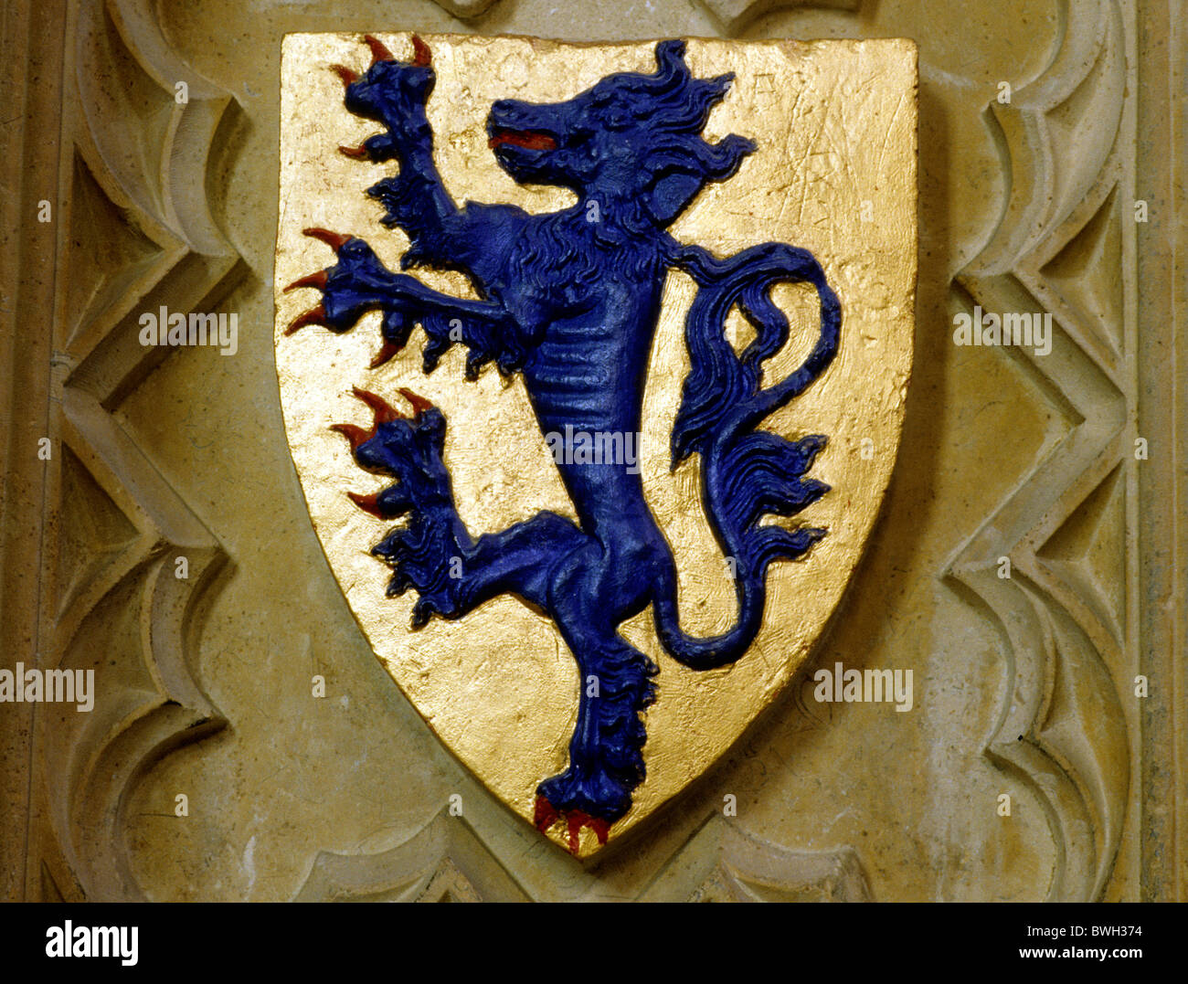 La Cathédrale de Lincoln, bouclier lion héraldique tombe sur Lions héraldiques anglais shields England UK tombes médiévales cathédrales Banque D'Images