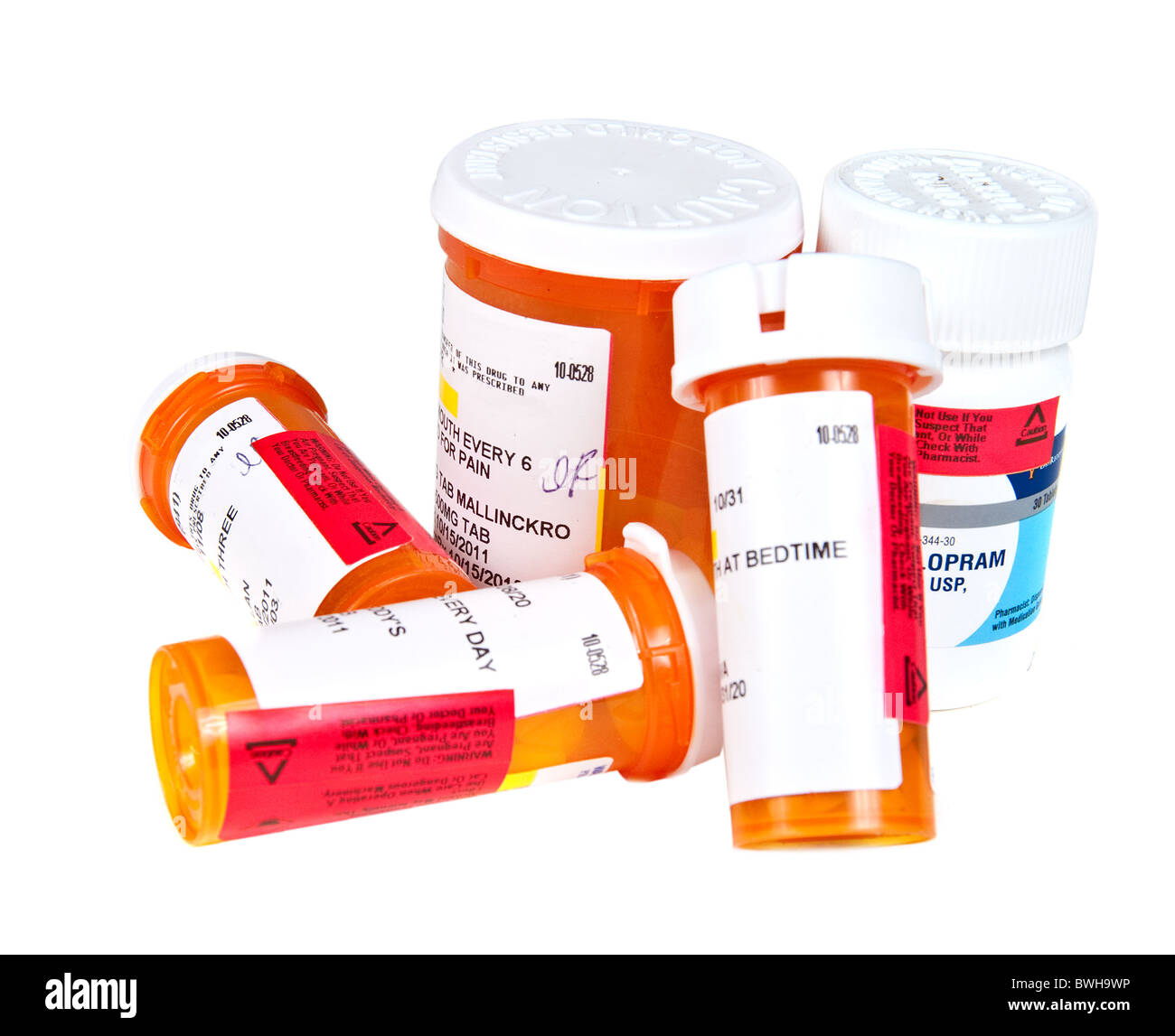 Prescription medicine bottles isolé sur un fond blanc. Banque D'Images