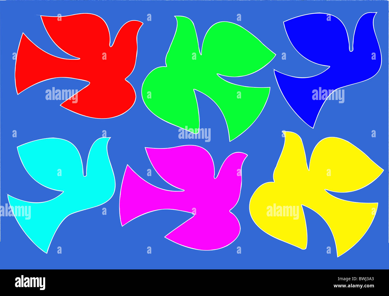 Silhouette dove multicolores sur fond bleu Banque D'Images