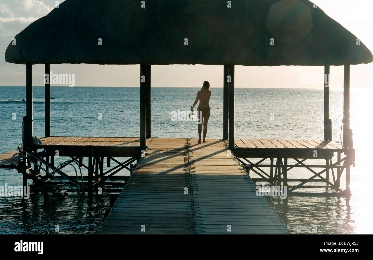 Jetée en face de l'hôtel Oberoi, Baie aux Tortues, (Turtle Bay), Pointe aux Piments, Ile Maurice Banque D'Images