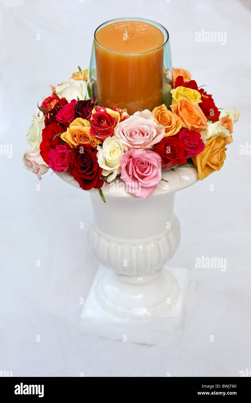 Arrangement de roses avec une bougie sur blanc Banque D'Images