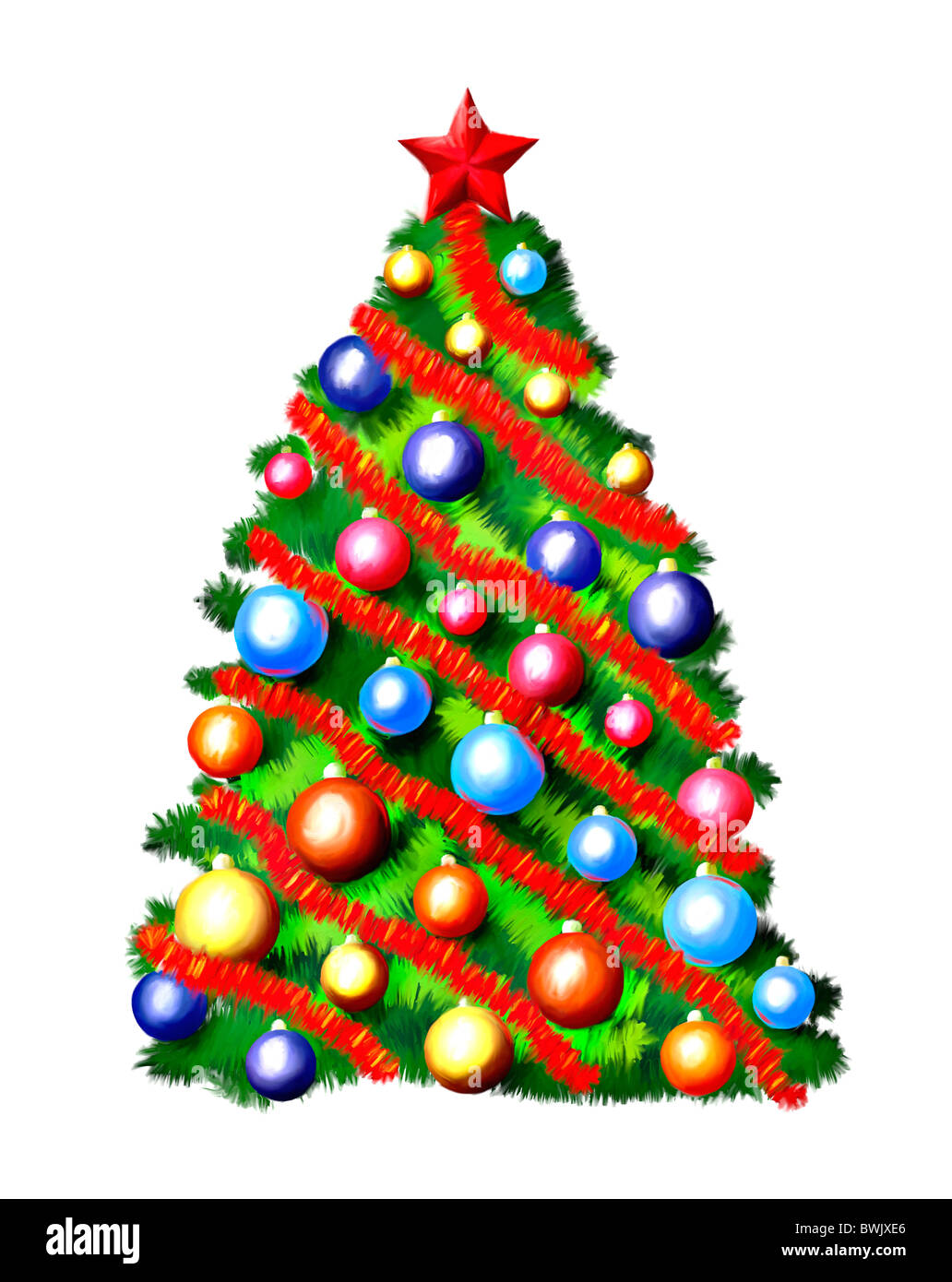 Illustration de l'arbre de Noël coloré avec de la peinture à l'huile. Isolé sur fond blanc. Banque D'Images