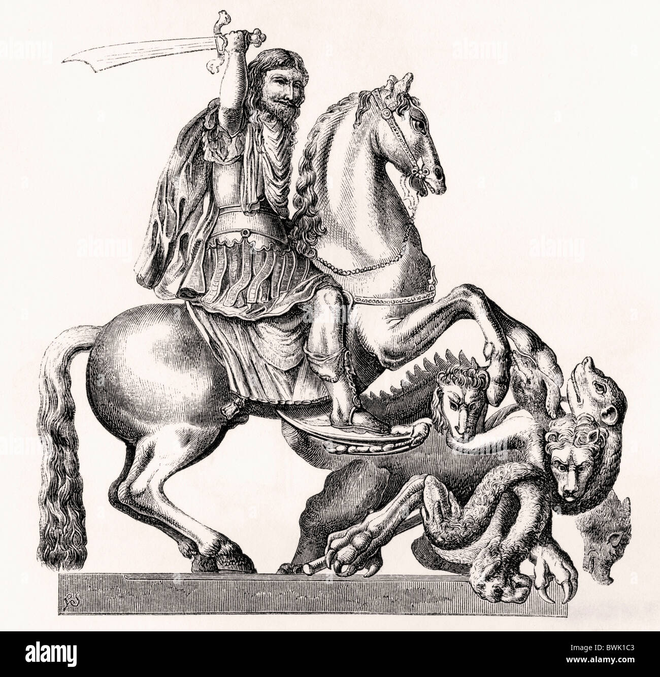 Le roi Charles II d'Angleterre représentée comme St Georges terrassant le dragon. 17e siècle statue équestre par Gottfried Leigeber Banque D'Images Le roi Charles II d'Angleterre représentée comme St Georges terrassant le dragon. 17e siècle statue équestre par Gottfried Leigeber Banque D'Images