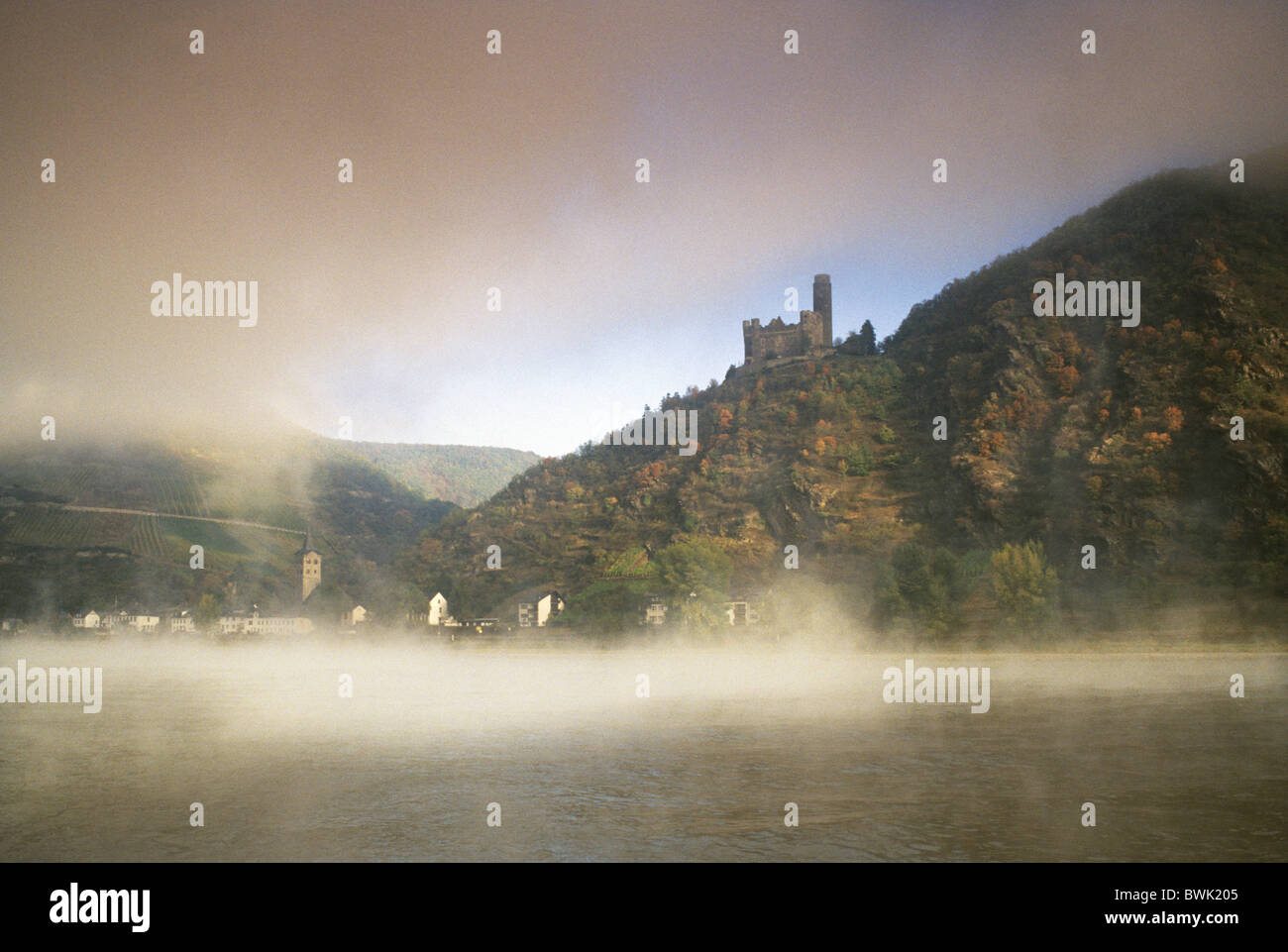Matin de brume à Maus, château près de St Goarshausen, Rhin, Rhénanie-Palatinat, Allemagne Banque D'Images