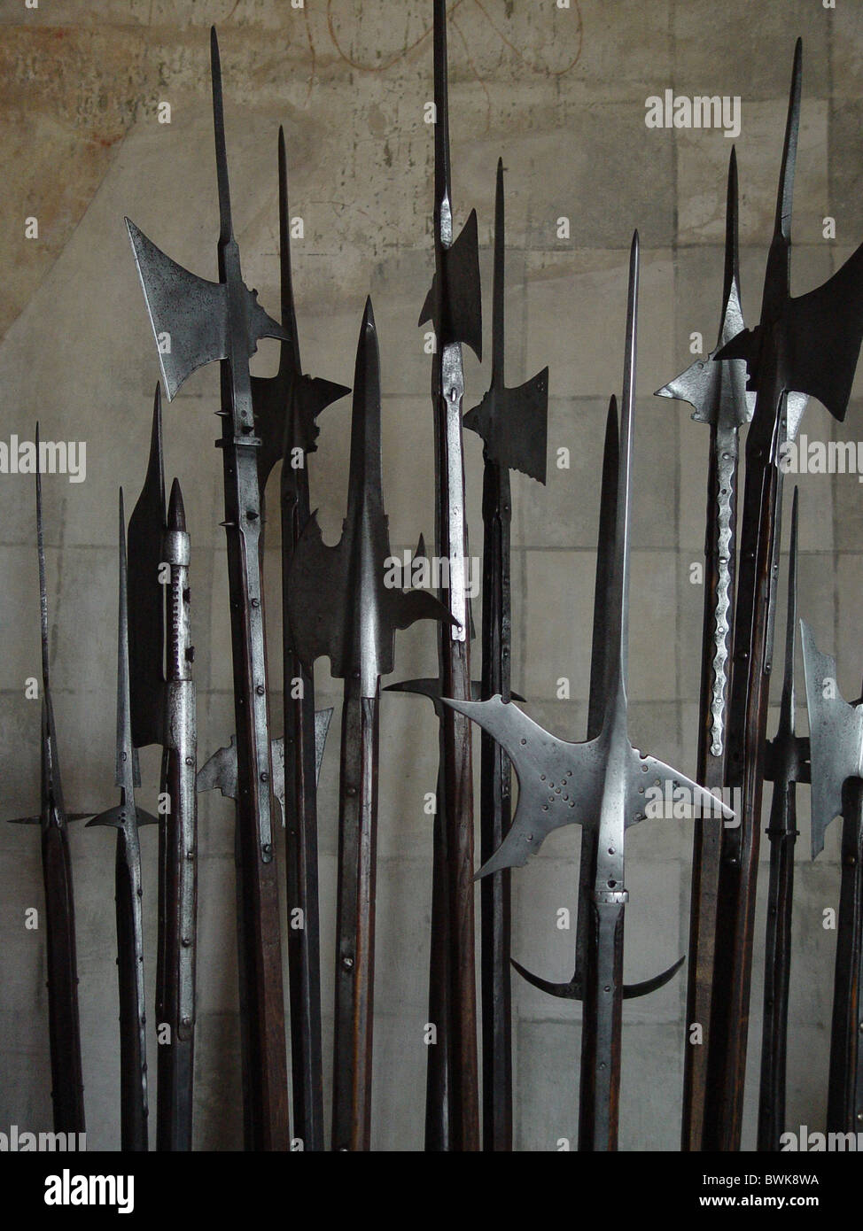 Pôle d'armes collection historique de l'armurerie armes hallebardes château château de Chillon montreux vaud Switzerla Banque D'Images