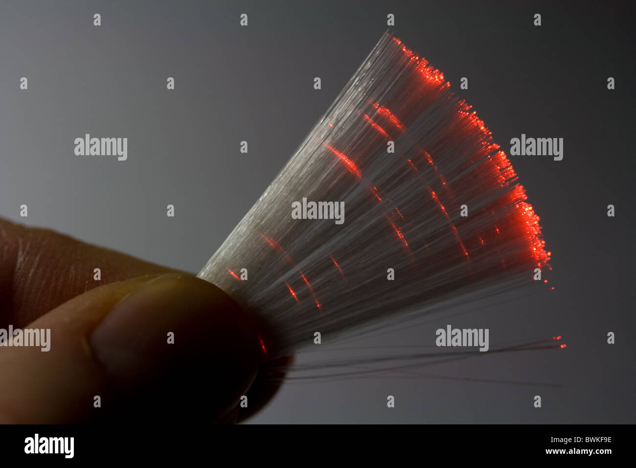 Lumière laser rouge en passant par des brins de fibre optique Banque D'Images