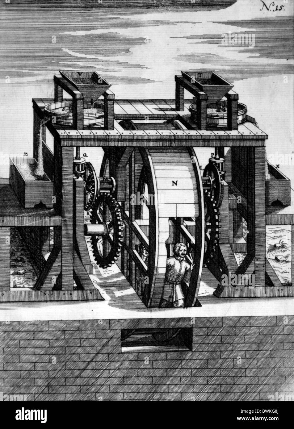 Illustration de Theatrum Machinarum Novum 1661 par Georg Andreas Böckler ; une force humaine fraiseuse Banque D'Images