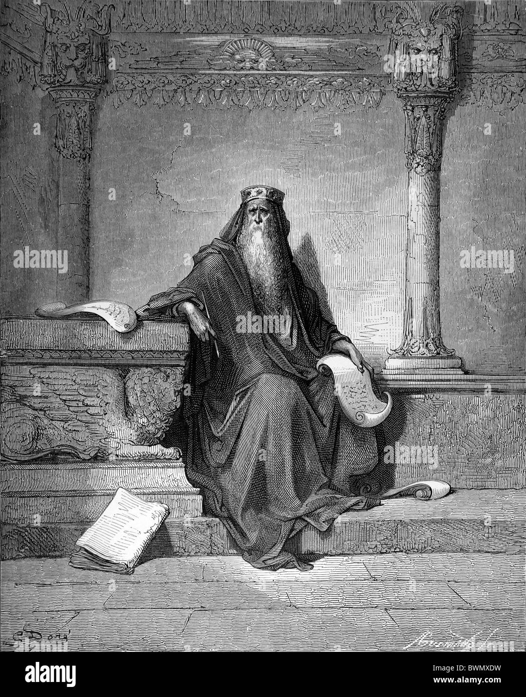 Gustave Doré ; le roi Salomon méditer ; gravure noir et blanc Banque D'Images
