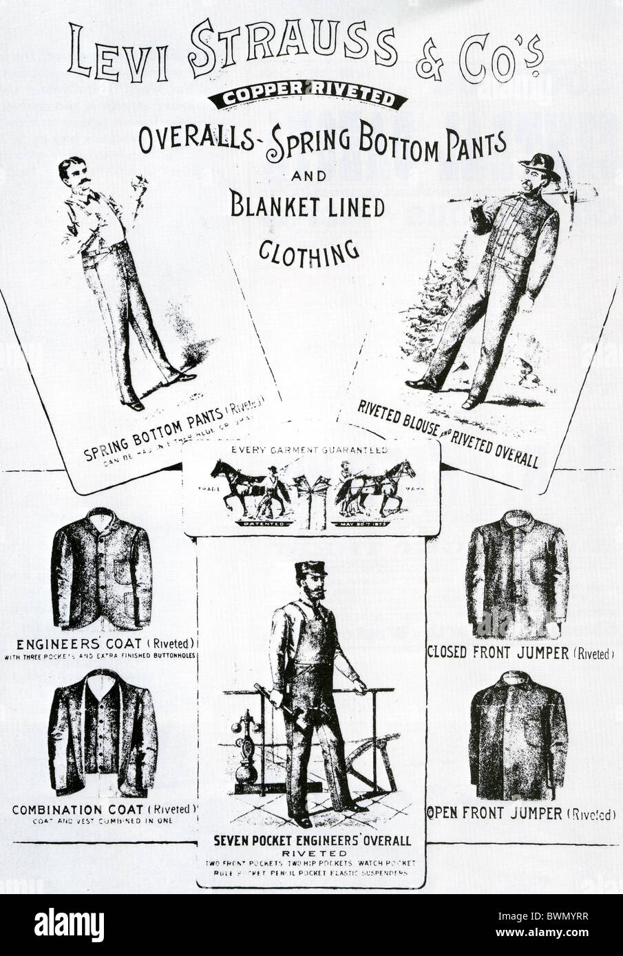 LEVI STRAUSS 1870 publicité pour divers vêtements en vedette le rivetage cuivre unique Banque D'Images