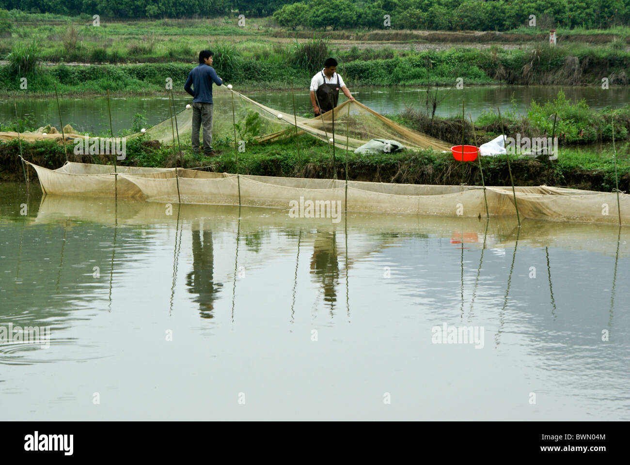 Les hommes pêche avec des filets, Guangxi, Chine Banque D'Images