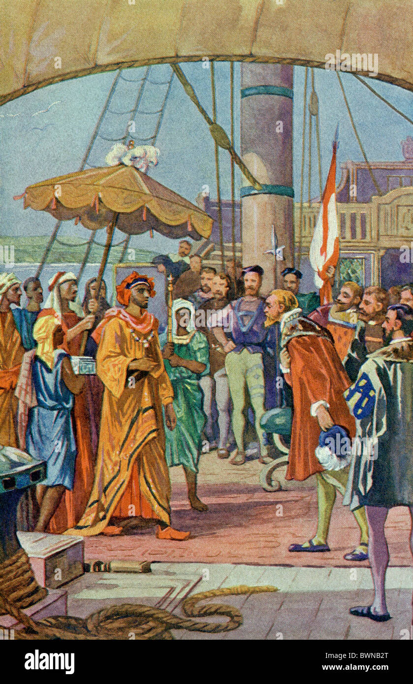 Ici Sir Francis Drake est vu dans les Moluques, un groupe d'îles dans le sud-ouest pacifique, accueillant le sultan à bord. Banque D'Images