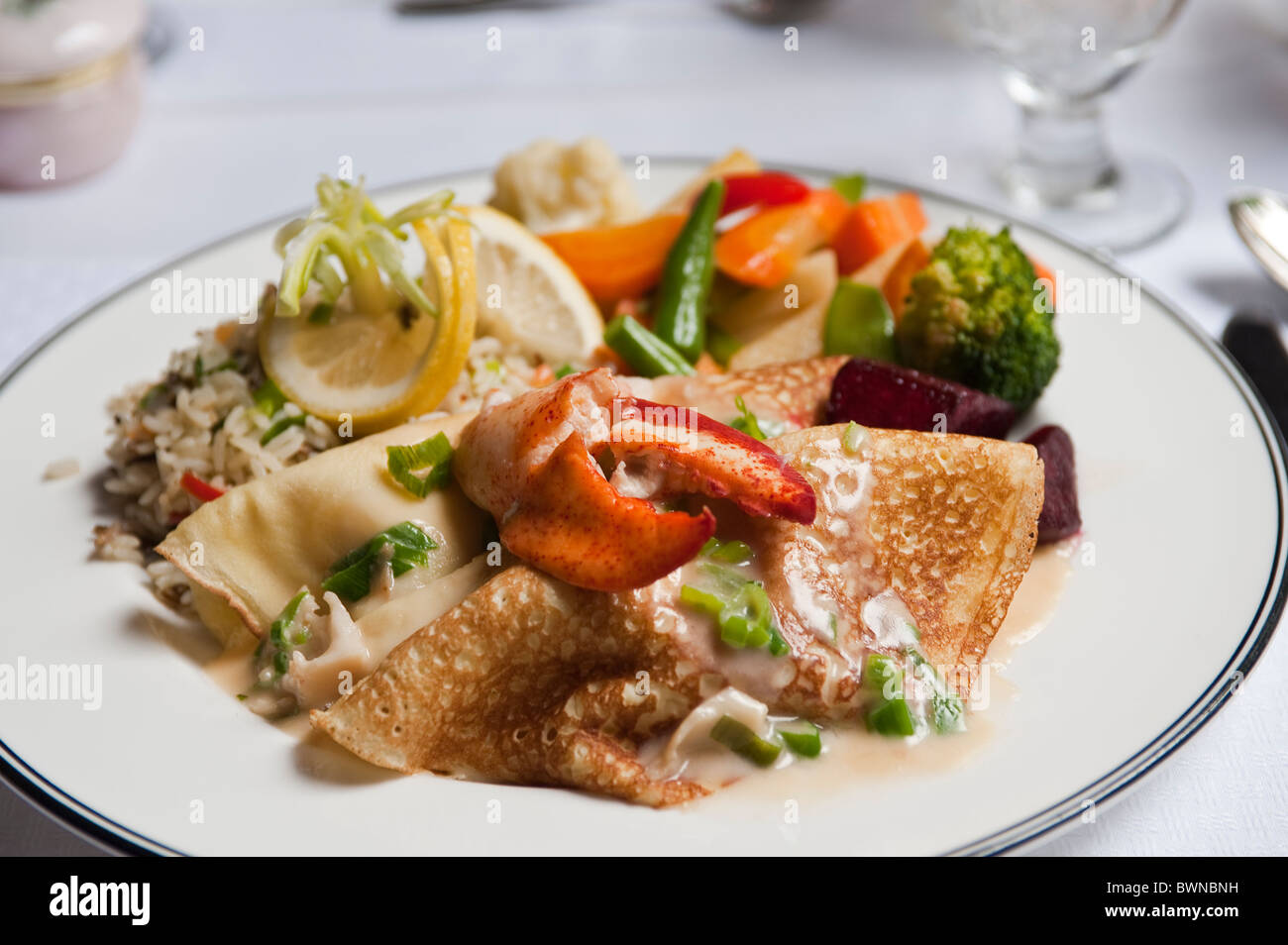 Fruits de mer homard cuisine crêpes, Nouveau-Brunswick, les Maritimes, Canada. Banque D'Images