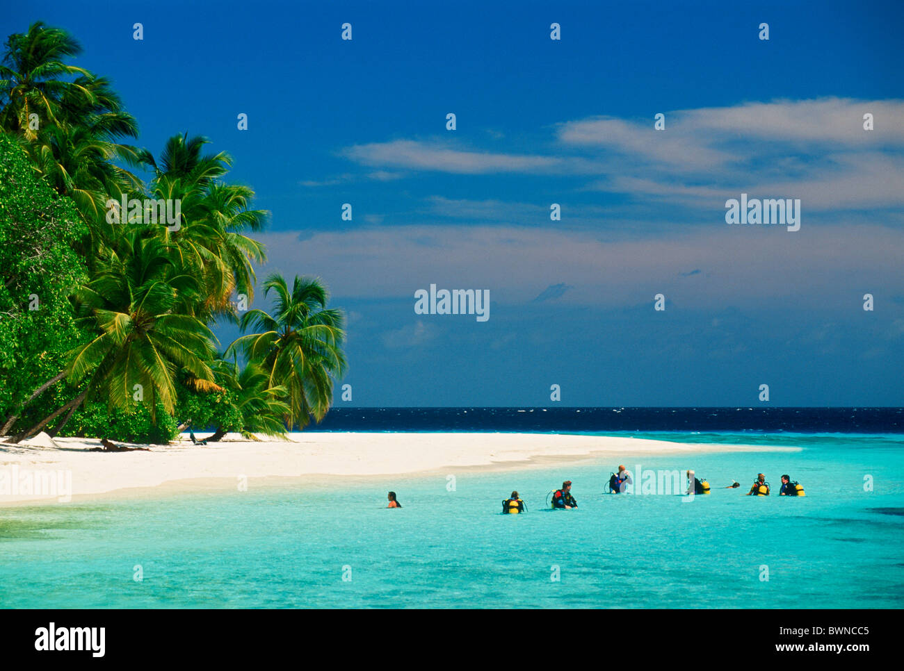 Groupe de plongeurs de l'école de plongée assis dans les eaux aqua avec les réservoirs d'air au large plage de sable fin sur l'île de Soneva Gili aux Maldives Banque D'Images