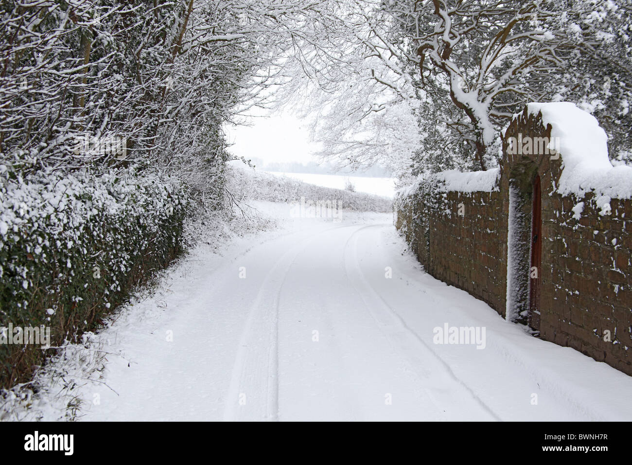 Rarement vu des couvertures de neige de nuit une route de campagne le village de Cossington Polden Hills dans le Somerset, England, UK Banque D'Images