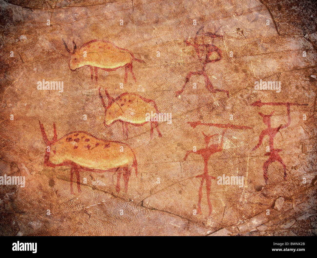 Peinture préhistorique avec les chasseurs et les animaux Banque D'Images
