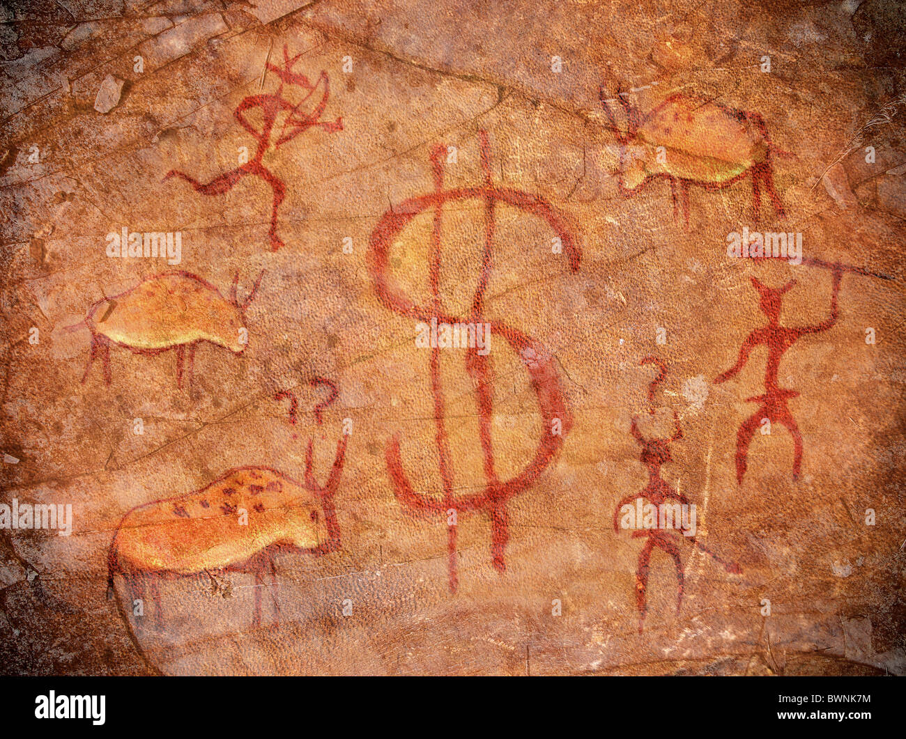 Peinture préhistorique avec des animaux et des chasseurs symbole dollar Banque D'Images