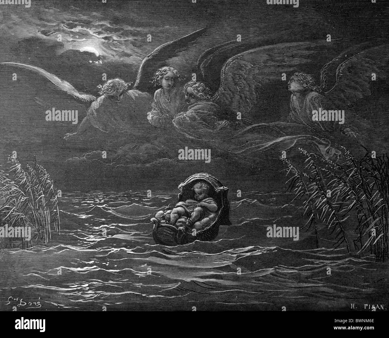 Gustave Doré ; l'enfant Moïse sur le Nil entouré par les anges gardiens ; la gravure en noir et blanc Banque D'Images