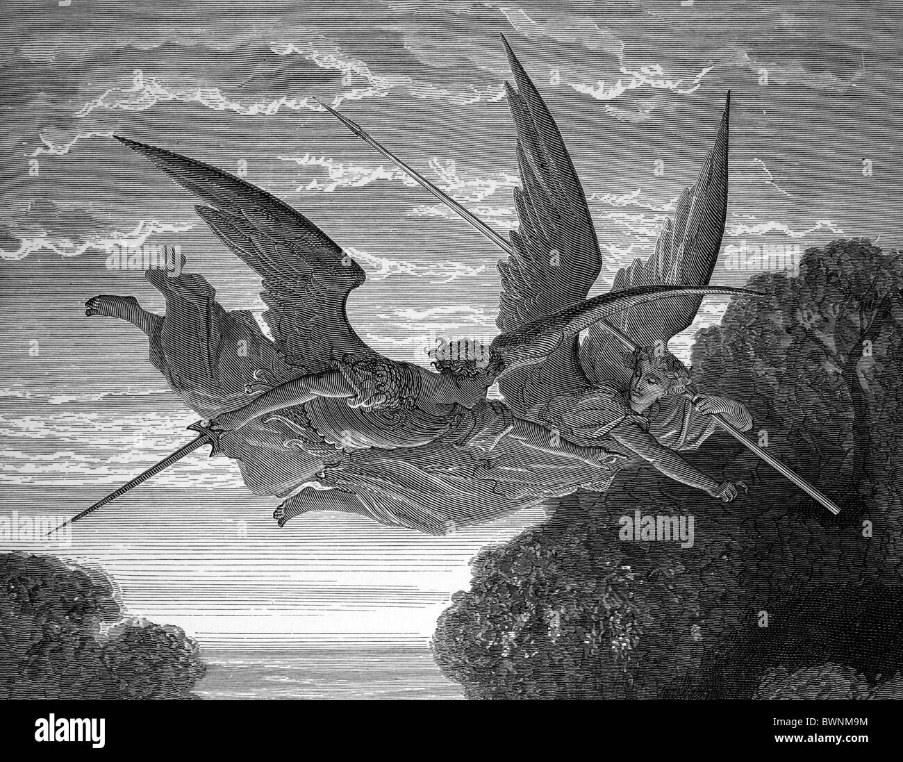 Gustave Doré ; détail de l'Ange Ithuriel et Tsephon de John Milton's Paradise Lost ; gravure noir et blanc Banque D'Images