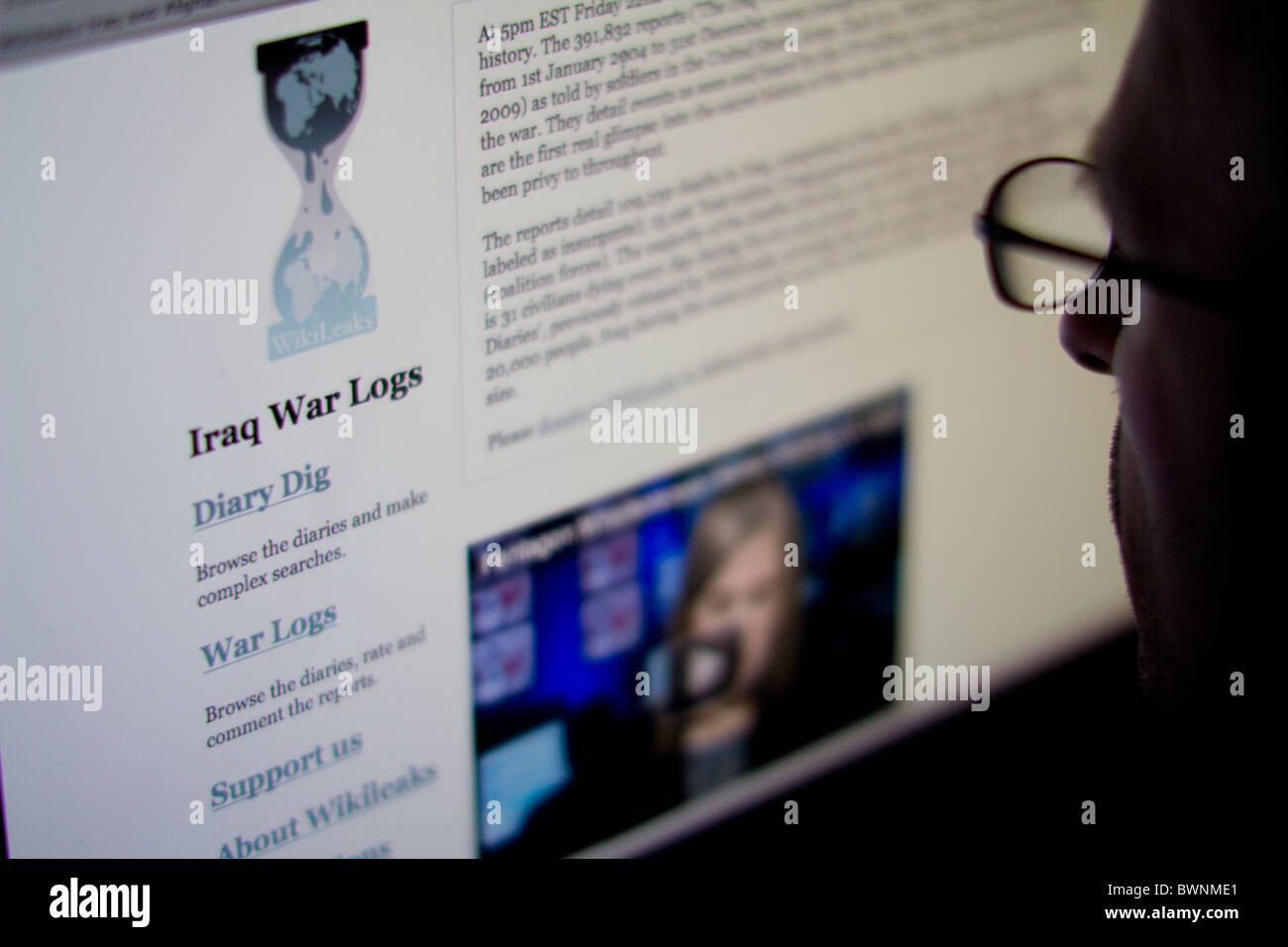 Navigateur Internet Affichage des journaux de guerre Irak wikileaks Banque D'Images