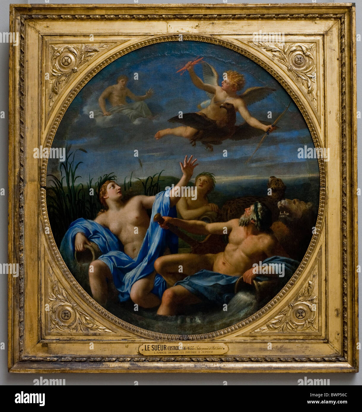 Paris, France, Close up, Musée du Louvre, peintures françaises, exposé dans la Galerie d'art, 'l'amour dérobe la foudre à Jupiter', (le sueur) Antique Picture Frames Banque D'Images