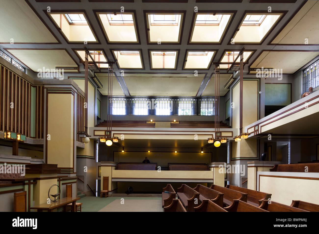 L'intérieur de Frank Lloyd Wright conçu Unity Temple, Oak Park, Illinois, États-Unis Banque D'Images