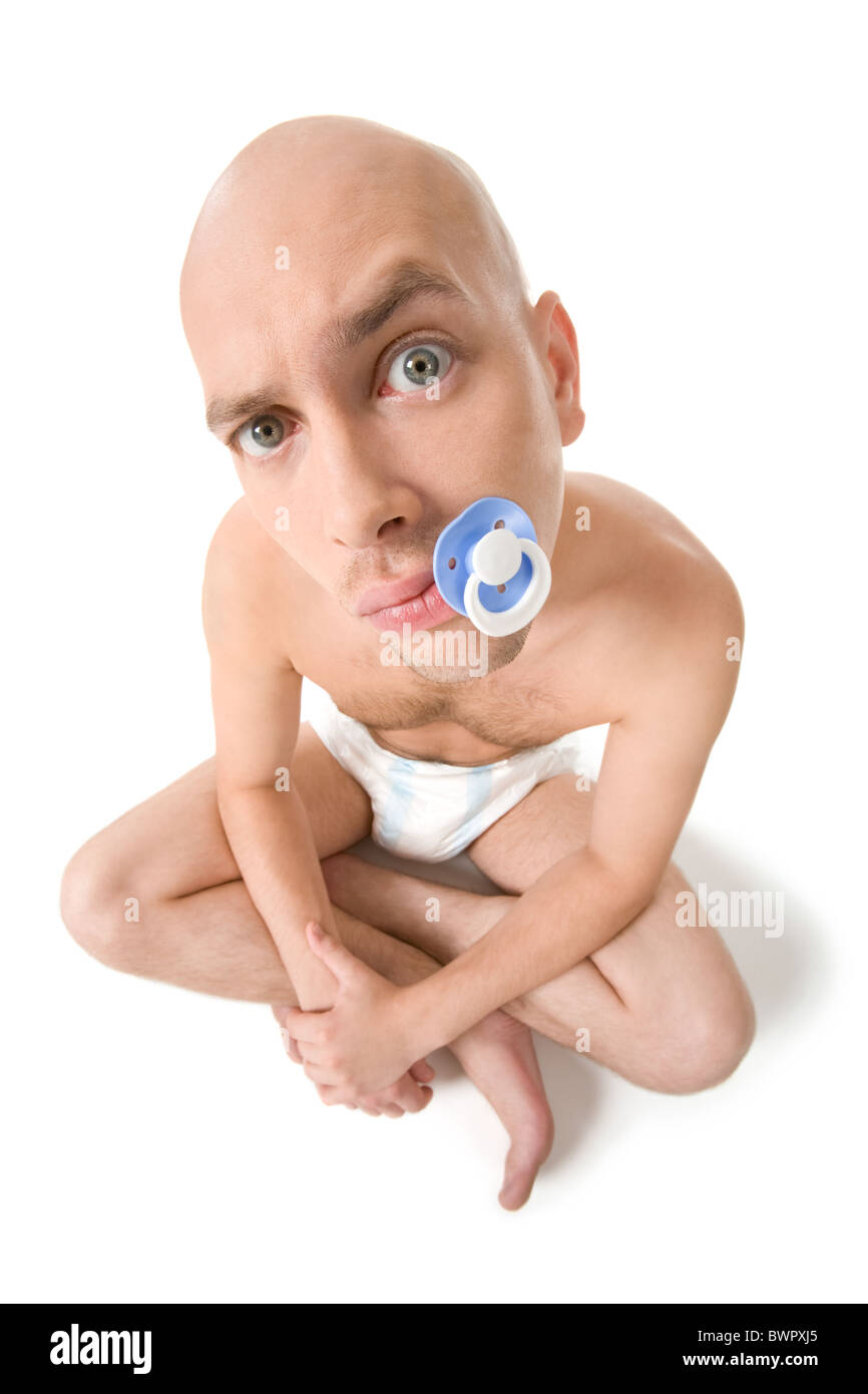 Homme Bebe Avec Tetine En Bouche Looking At Camera Sur Fond Blanc Photo Stock Alamy
