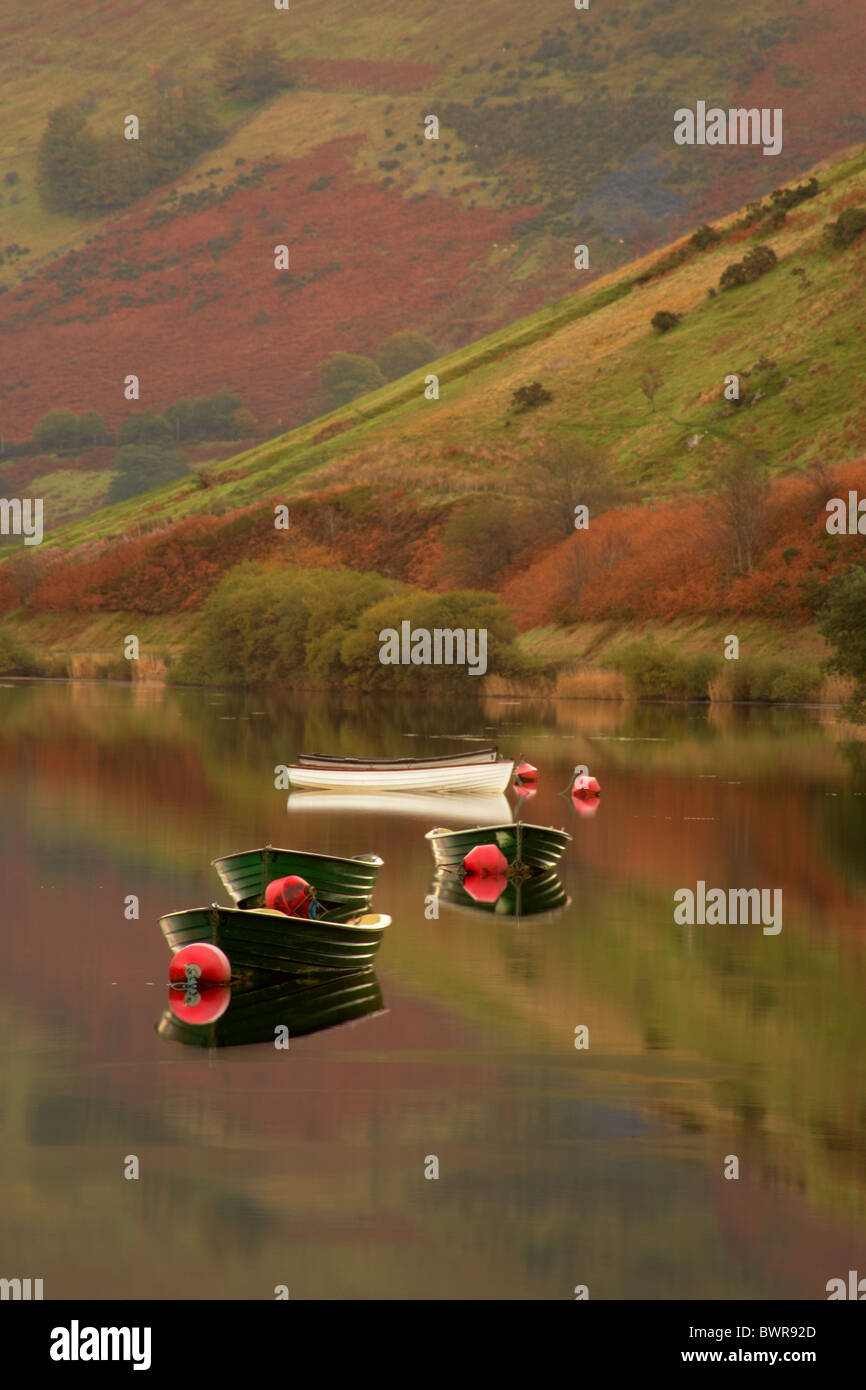 Les petits bateaux de pêche sur Tal y Llyn Lake dans la région de Snowdonia, Pays de Galles UK Banque D'Images