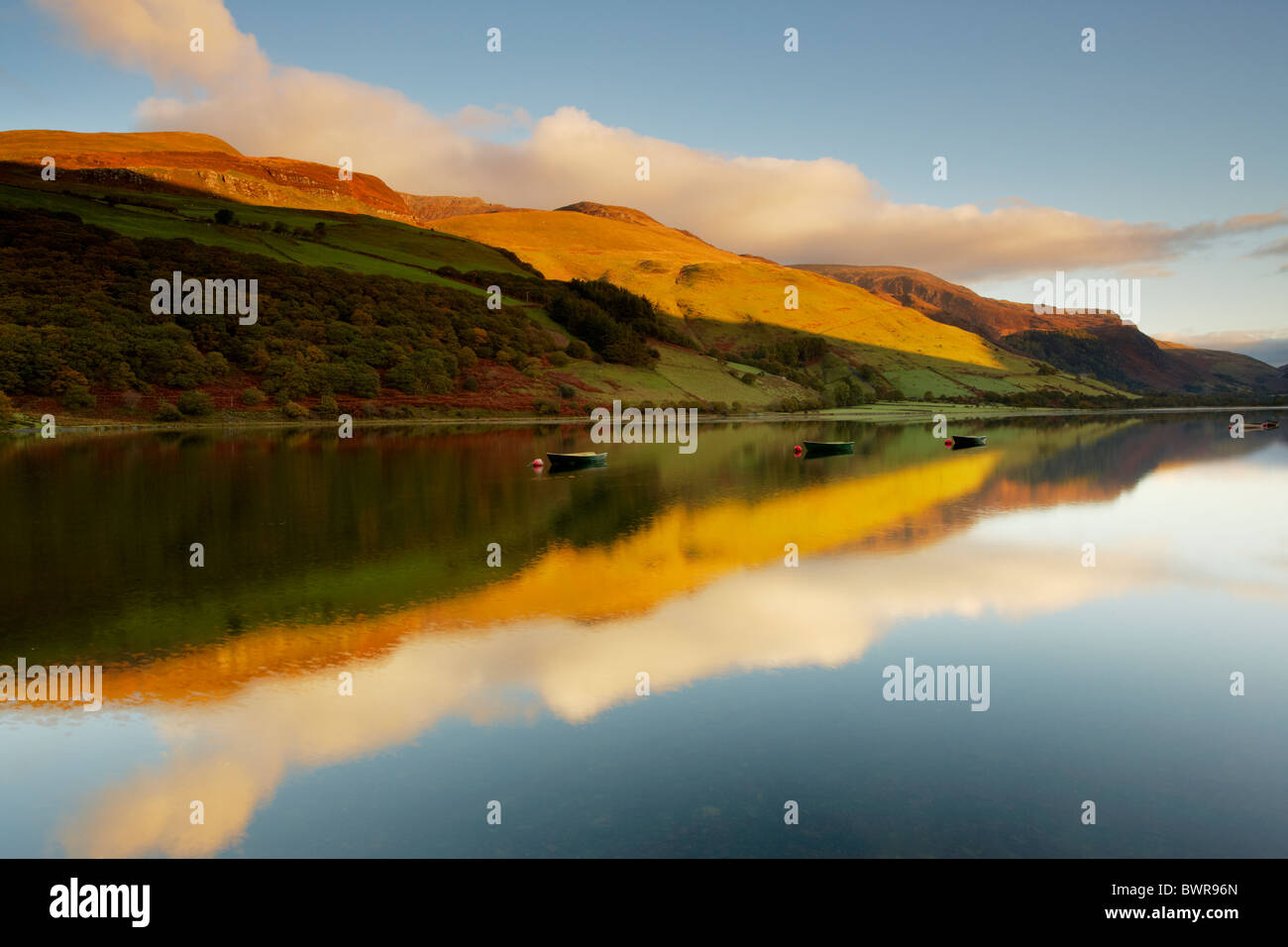 Les petits bateaux de pêche sur Tal y Llyn Lake dans la région de Snowdonia, Pays de Galles UK Banque D'Images