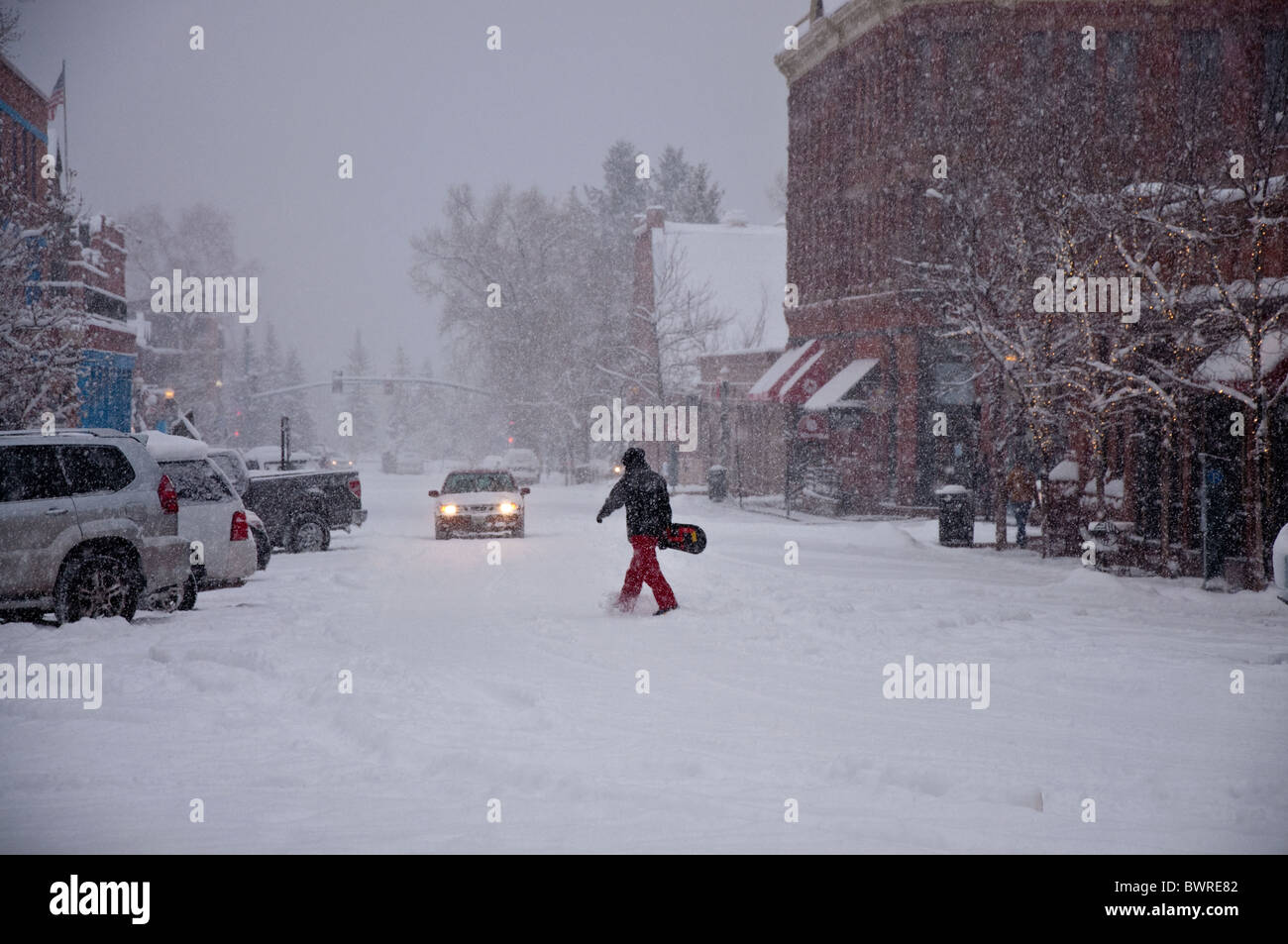 Au centre-ville d'Aspen Blizzard Banque D'Images