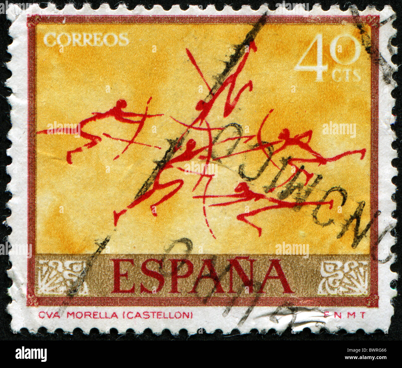 Espagne - circa 1974 : timbre imprimé en Espagne montre l'art préhistorique à Morella - Castellon, circa 1974 Banque D'Images